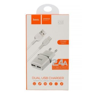 hoco. C12 Ladegert Adapter weiss Dual Micro USB Type C  Kabel Set Netzteil Daten Dual 2400mAh