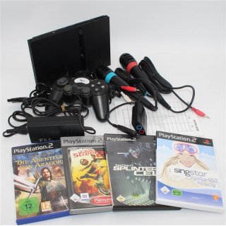 PlayStation 2 Konsole PS2 Black + SingStar Aprs-Ski Party (inkl. 2 Mikrofone) + 3 Spiele gebraucht